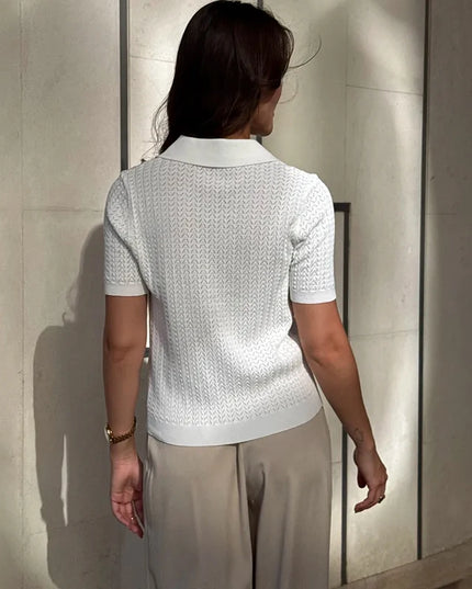 Hollow Knit Short Sleeve Polo T-Shirt for Women