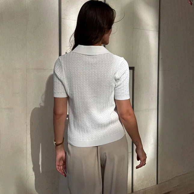 Hollow Knit Short Sleeve Polo T-Shirt for Women