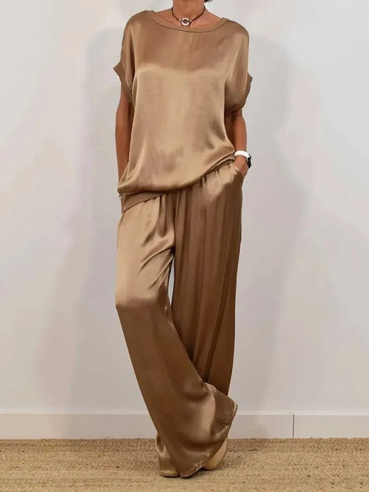 Women's Smooth Satin Two-Piece Set: Short Sleeve Top & Wide Leg Pants