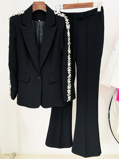 Women's Diamond-Decorated Two-Piece Beaded Blazer and Flare Pants Set