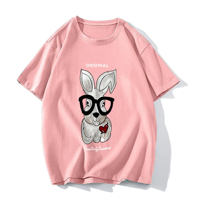 Elegant Rabbit Cartoon Printed Oversized Cotton T-Shirt for Women – Casual Style by Hirsionsan