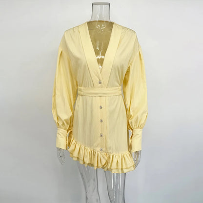 Women's Ruffled Shirt Dress with Deep V-Neck, Loose Lantern Sleeves