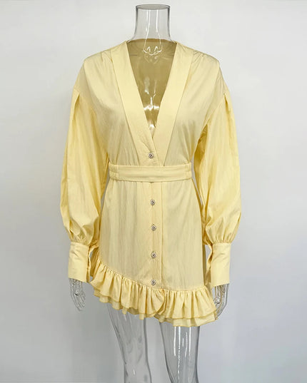Women's Ruffled Shirt Dress with Deep V-Neck, Loose Lantern Sleeves