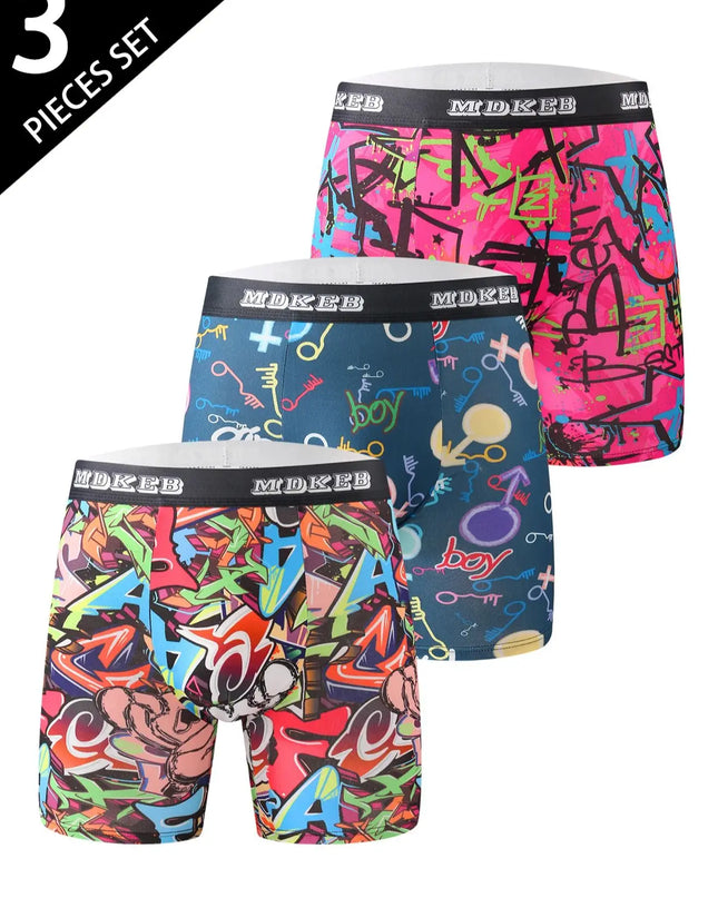 3 Piece Men's Graffiti Pattern Long Boxer Briefs- Breathable and Highly Elastic