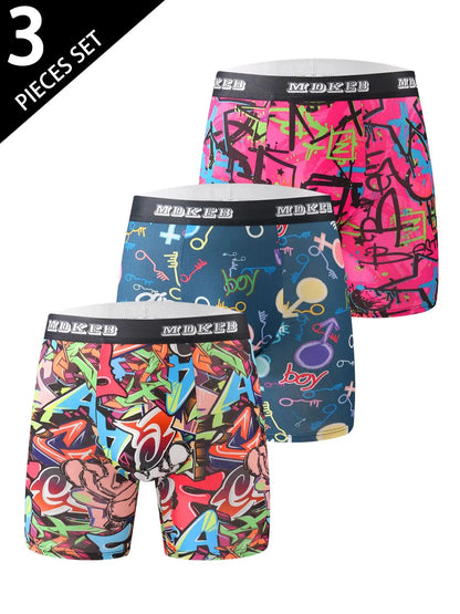 3 Piece Men's Graffiti Pattern Long Boxer Briefs- Breathable and Highly Elastic