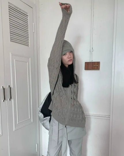 Vintage Hollow Loose Fit Zipper Long-Sleeved Cardigan for Women