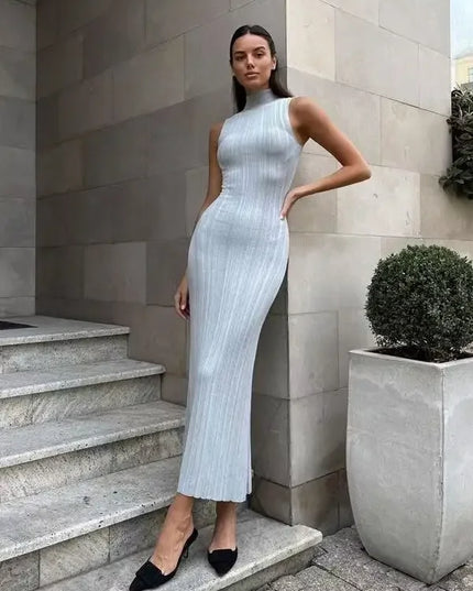 Women’s Sleeveless Ribbed Knit Turtleneck Maxi Dress – Slim, Elegant Fit