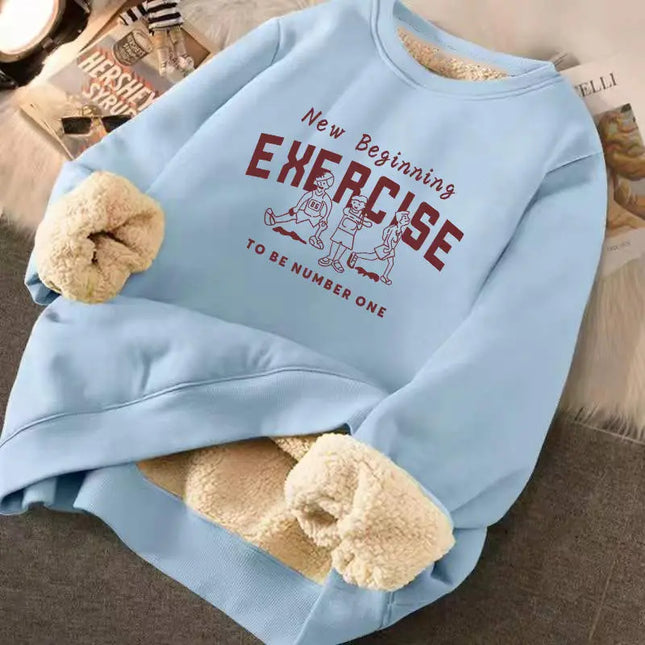 Women's Loose Fit Letter Print Plush Sweatshirt - Thick Padded Fleece