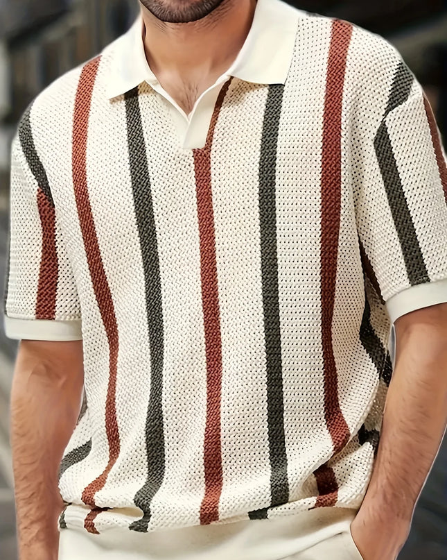 Men's Short Sleeve V-Neck Polo Shirt with Stripes
