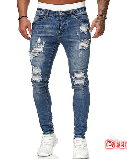 Men's Skinny Slim Fit Ripped Denim Jeans with Stretch, Hole & Patchwork Design