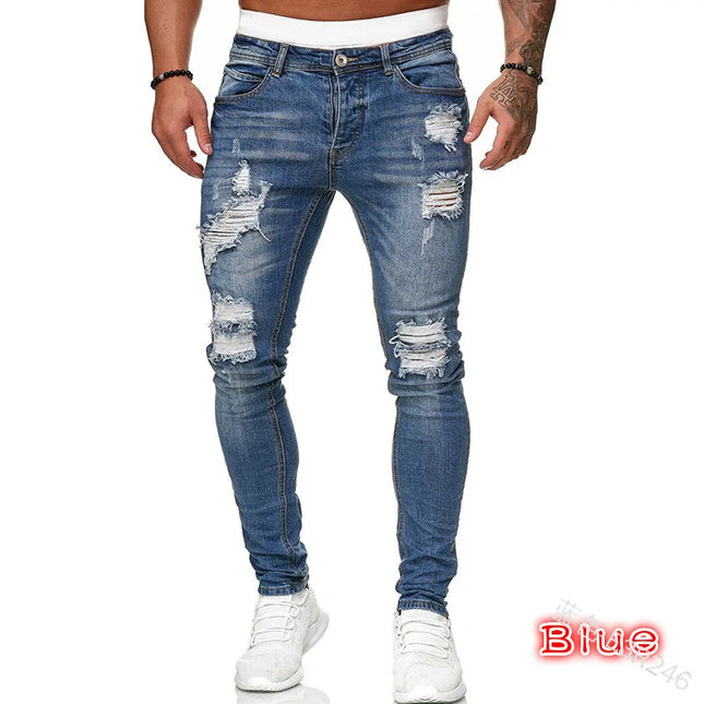 Men's Skinny Slim Fit Ripped Denim Jeans with Stretch, Hole & Patchwork Design