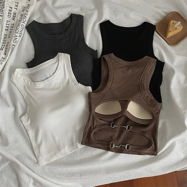 Women’s Casual Backless Sports Tank Top with Built-In Bra Pad