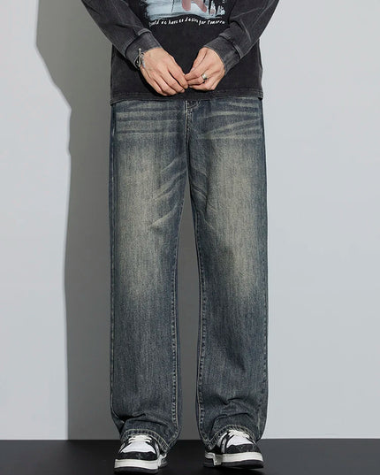 Men's Cotton Baggy Wide Leg Jeans – Retro Washed Denim Loose Fit Trousers for Men