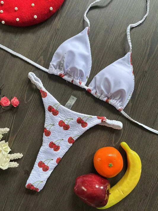 Women's Cherry Print Brazilian Thong Bikini Set - Two Piece