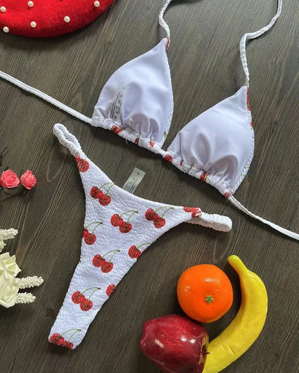 Women's Cherry Print Brazilian Thong Bikini Set - Two Piece