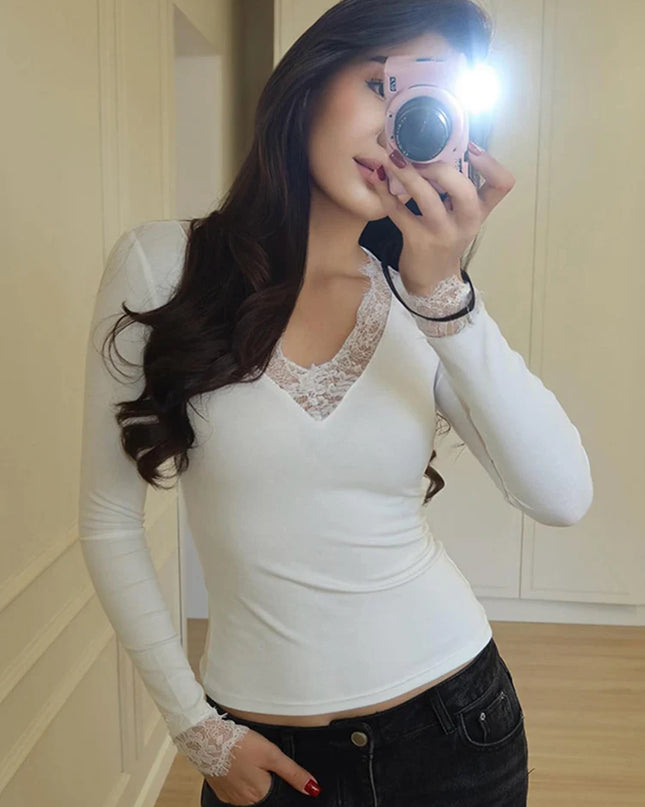 Women's V-Neck Lace Spliced Blouse - Elegant Women's Top