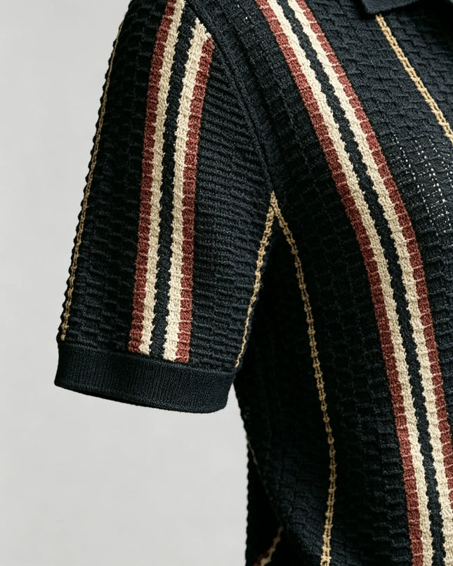 Men's Retro Style Striped Knit Polo Shirt - Casual Classic