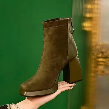 Women's Platform Short Boots – Casual Square Toe Chunky Heel 