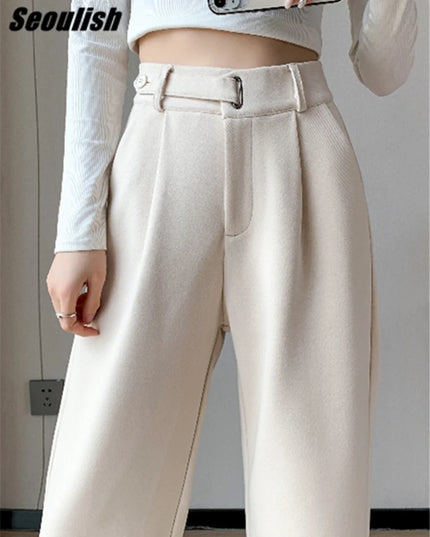 Seoulish Women's High-Waist Wide-Leg Trousers with Loose Fit and Button Detail