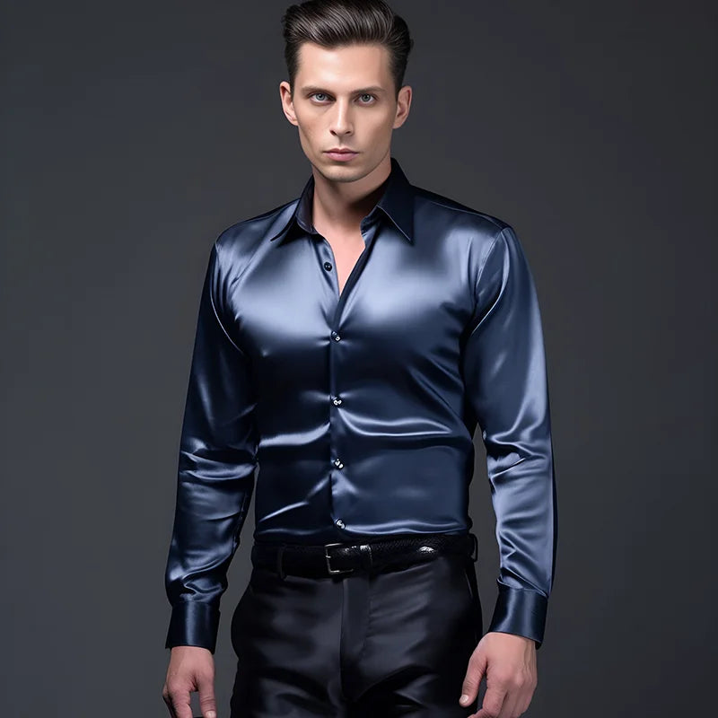Men's Glossy Button-Up Shirt – Stylish, Slim Fit, Perfect for Formal & Casual Wear