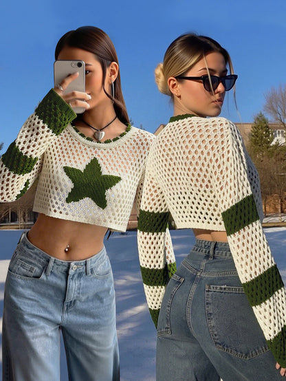 Women's Star Hollow-Out Knitted Crop Top Sweater
