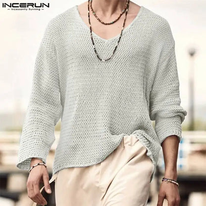 Incerun Men's Knitted V-Neck Long Sleeve Hollow-Out Loose Sweater
