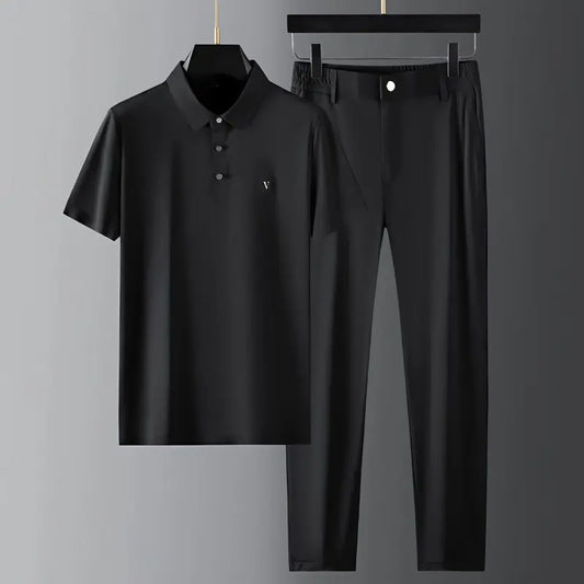 Ice Silk Men's 2-Piece Button-Up T-Shirt & Pants Set – Breathable, Stylish Summer Casual Outfit