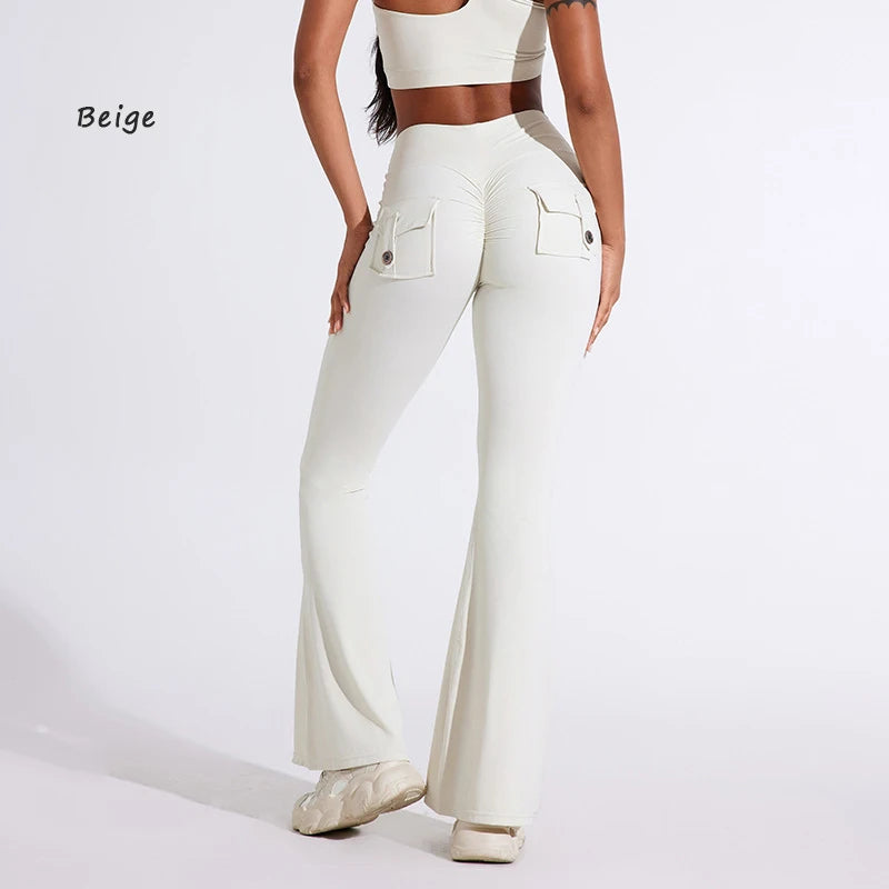 DIAS FIT JOY Women's High-Waisted Pocket Flared Pants | Hip-Lifting, Comfort Fit, Trendy Flared Trousers