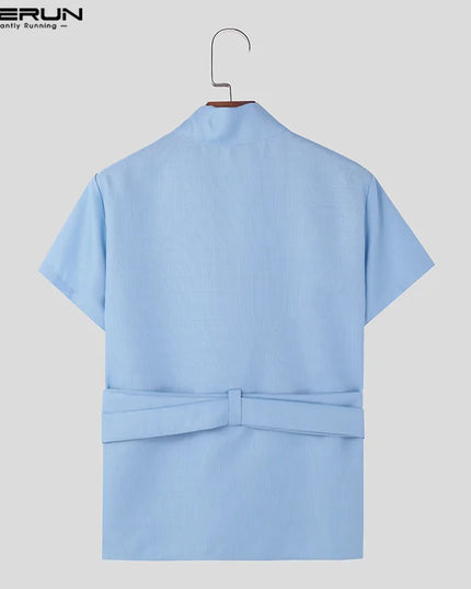 INCERUN Men's V-Neck Short Sleeve Shirt with Waist Strap
