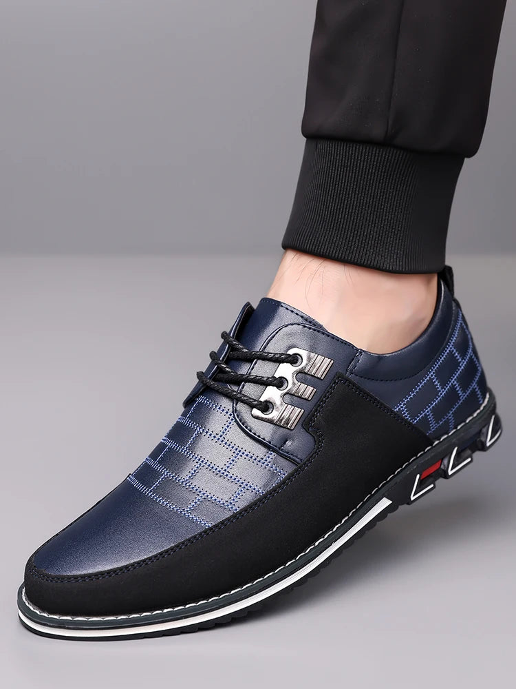 Men's Grid Pattern Leather Shoes – Breathable, Soft Leather Upper with Durable Rubber Sole