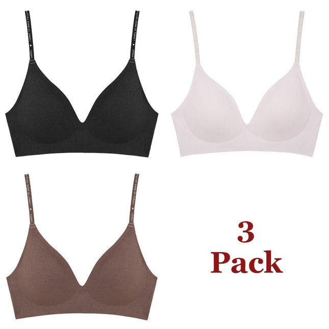 FINETOO 3-Piece Women's Striped Wireless Padded Deep V Bra with Breathable Design and Adjustable Straps