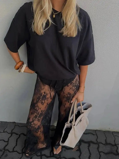 Women's See-Through Floral Print Lace White High-Waisted Loose Pants with Lace-Up Design