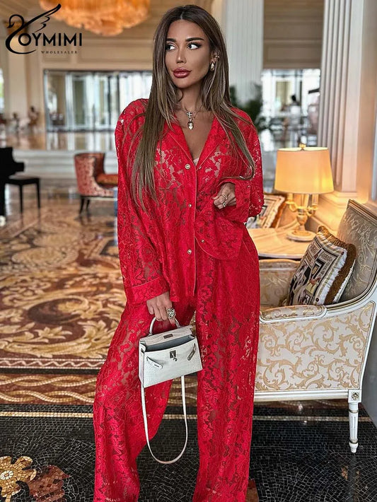 Oymimi Women's 2-Piece Casual Set | Long Sleeve Button Shirt & High-Waist Straight Trousers Sets