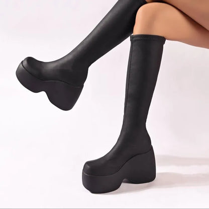 Women's Thick-Soled Knee-High Boots with Round Toe and High Heel