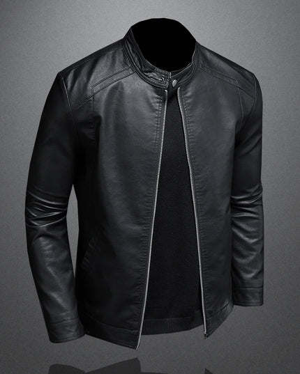 Men's Slim Fit Faux Leather Jacket with Stand Collar - Casual PU Leather Outerwear