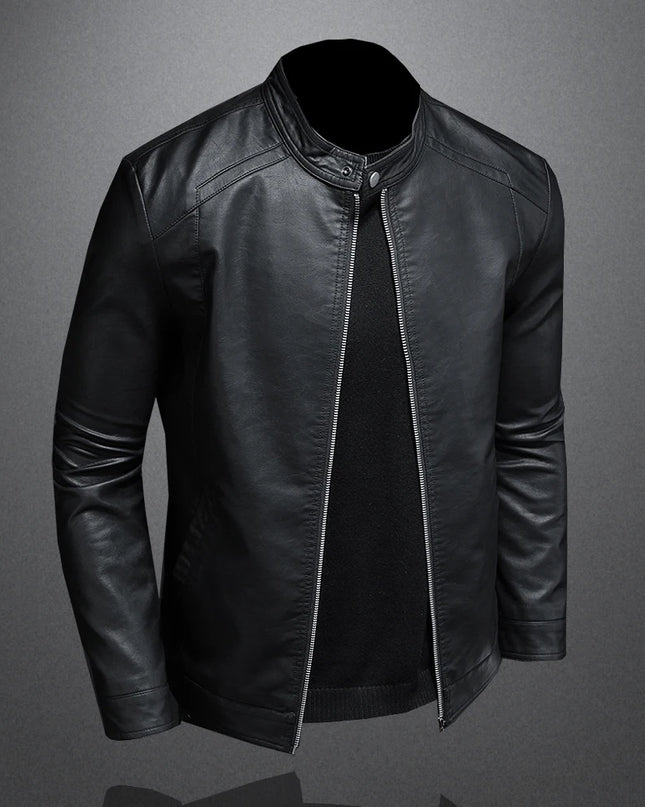 Men's Slim Fit Faux Leather Jacket with Stand Collar - Casual PU Leather Outerwear