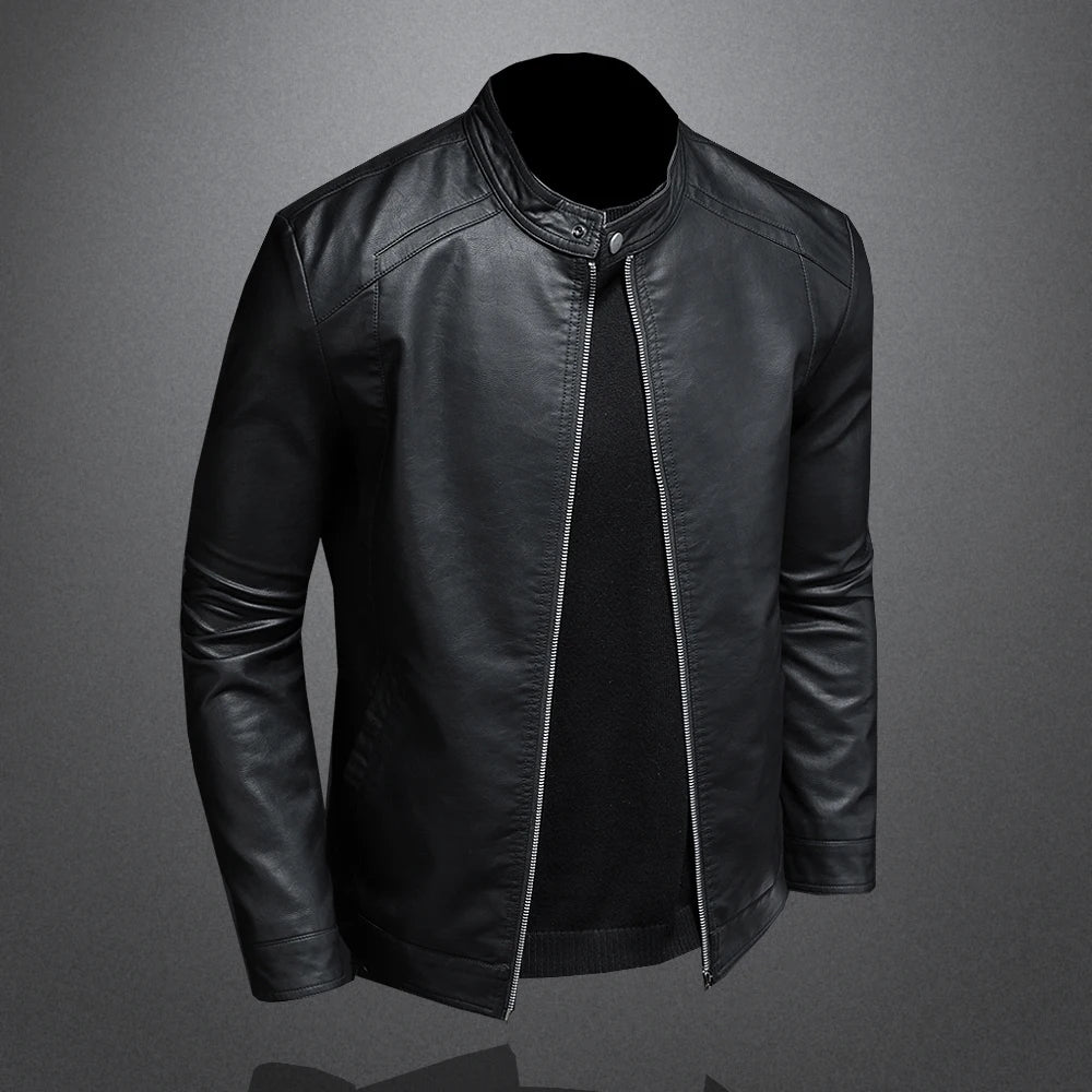 Men's Slim Fit Faux Leather Jacket with Stand Collar - Casual PU Leather Outerwear