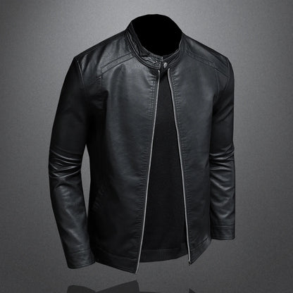 Men's Slim Fit Faux Leather Jacket with Stand Collar - Casual PU Leather Outerwear