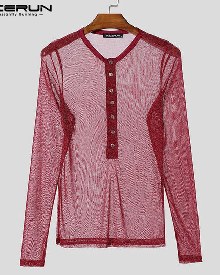 Men's Slim Fit Transparent Mesh Long Sleeve Henley Sweater