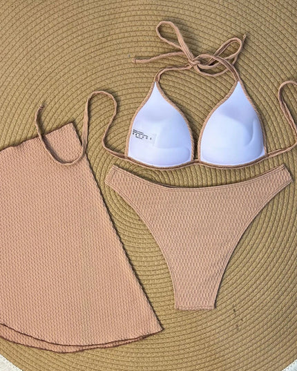 Women's 3-Piece Halter Triangle String Bikini Swimsuit with Push-Up Design