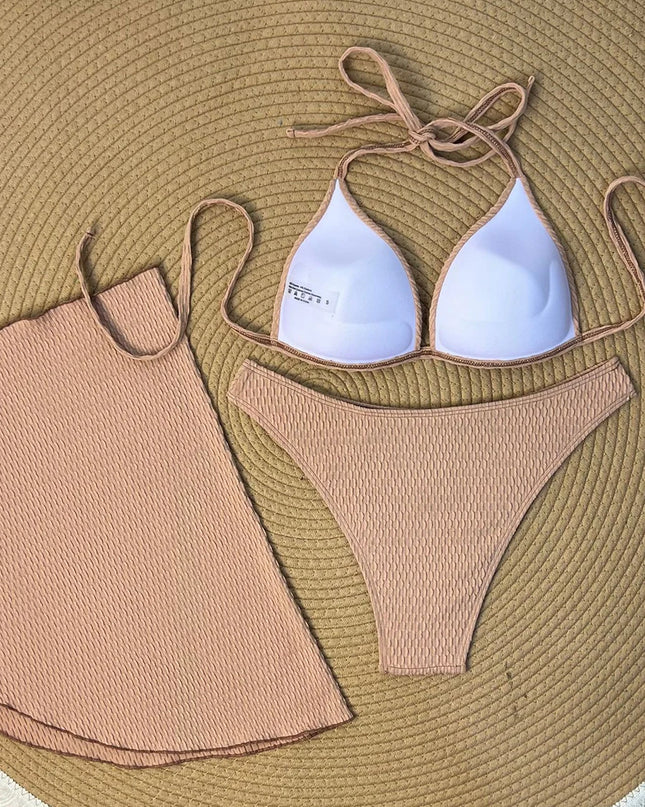 Women's 3-Piece Halter Triangle String Bikini Swimsuit with Push-Up Design