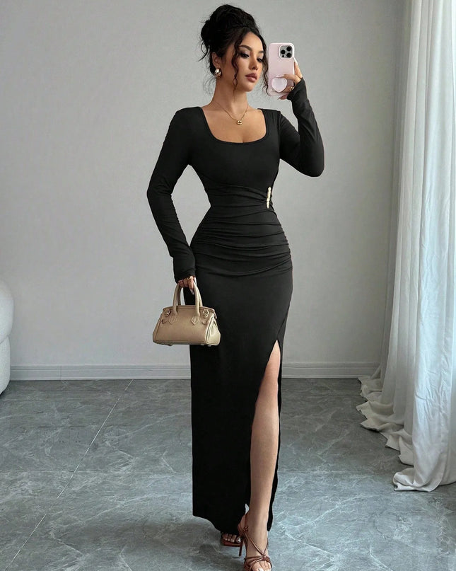 Long Sleeve Drawstring Dress for Women with Ruched High Split and Square Neckline