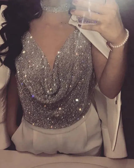 Glittering Backless Crop Top with Rhinestone V-Neck Design For Women