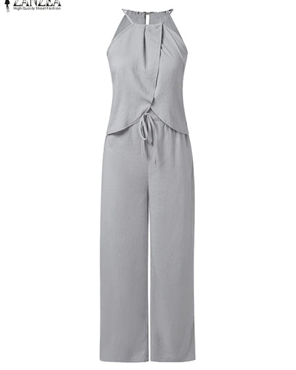 ZANZEA Women's Two-Piece Set: Sleeveless Halter Tops and Elastic Waist Pants