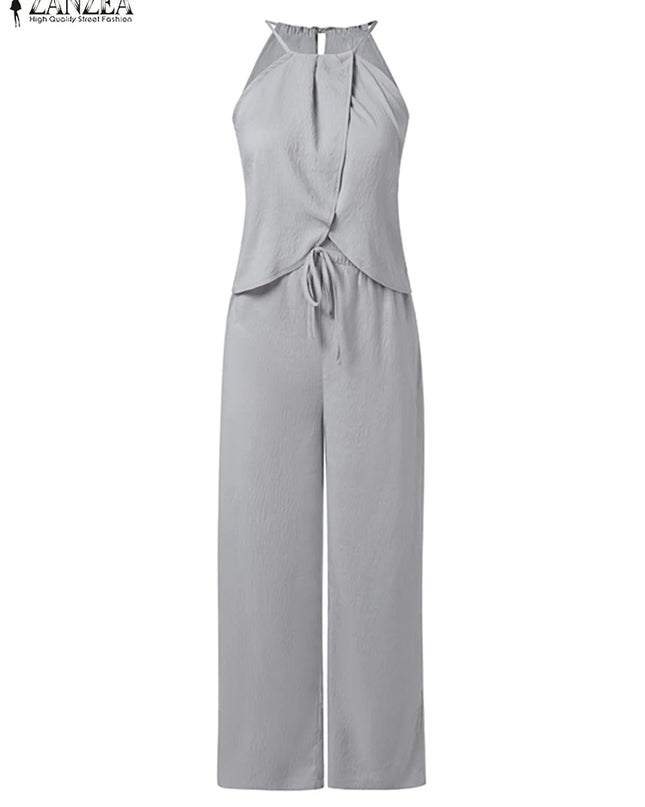 ZANZEA Women's Two-Piece Set: Sleeveless Halter Tops and Elastic Waist Pants