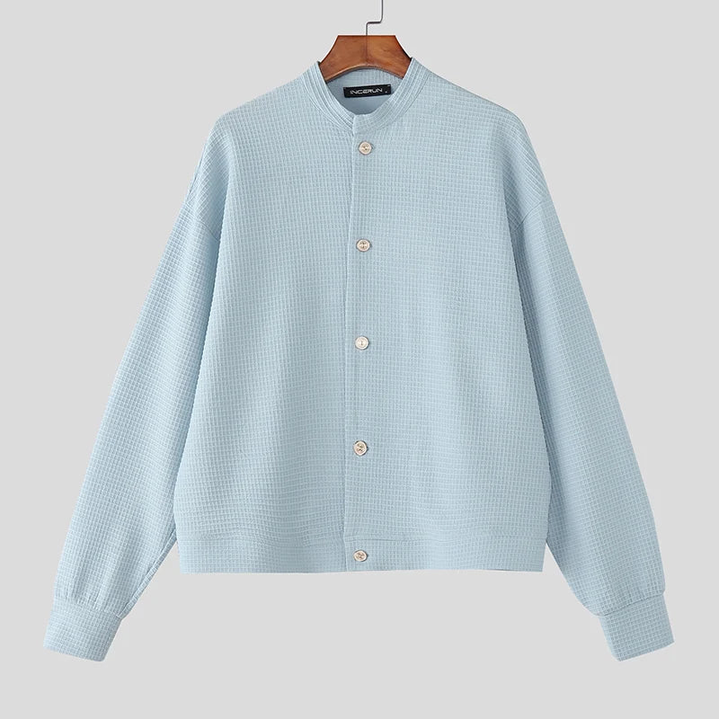 Incerun Men's Stand Collar Jacket with Long Sleeves and Button Closure