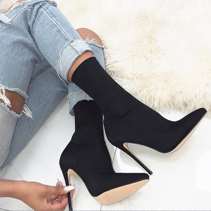 Satin Pointed Toe Short Ankle Boots with Low Heels for Women