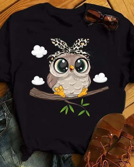 Owl Printed Graphic Tee for Women - Casual Short Sleeve Kawaii T-Shirt