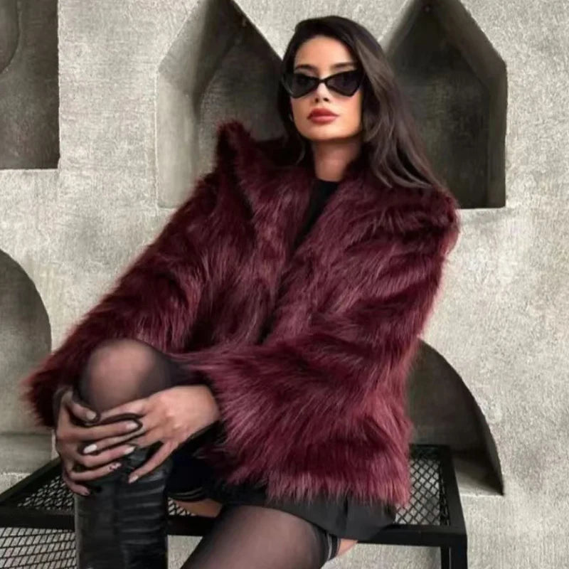 Women’s Plush Faux Fur Crop Jacket - Long Sleeve Stylish Coat