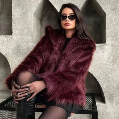 Women’s Plush Faux Fur Crop Jacket - Long Sleeve Stylish Coat